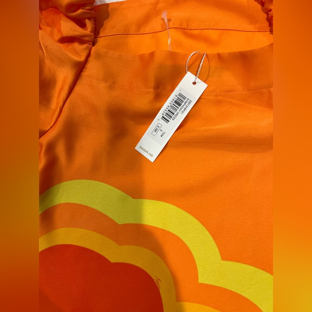 Trina Turk Graphic Relaxed Puff Sleeve Blouse in Orange and Pink - Picture 8 of 10